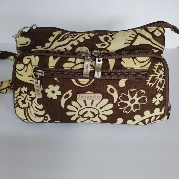 Baggallini Brown & Cream Floral Crossbody Purse Adjustable Strap - Picture 13 of 16